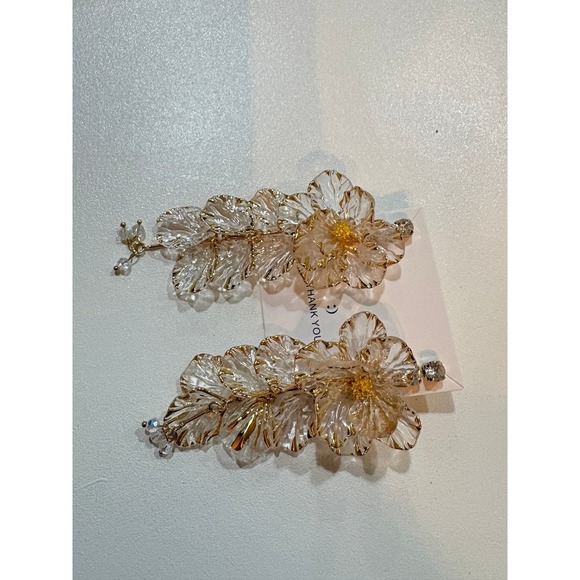 Luxury Clear Resin Floral Tassel Earrings French Romantic Gold Edged Petals new - Picture 4 of 5